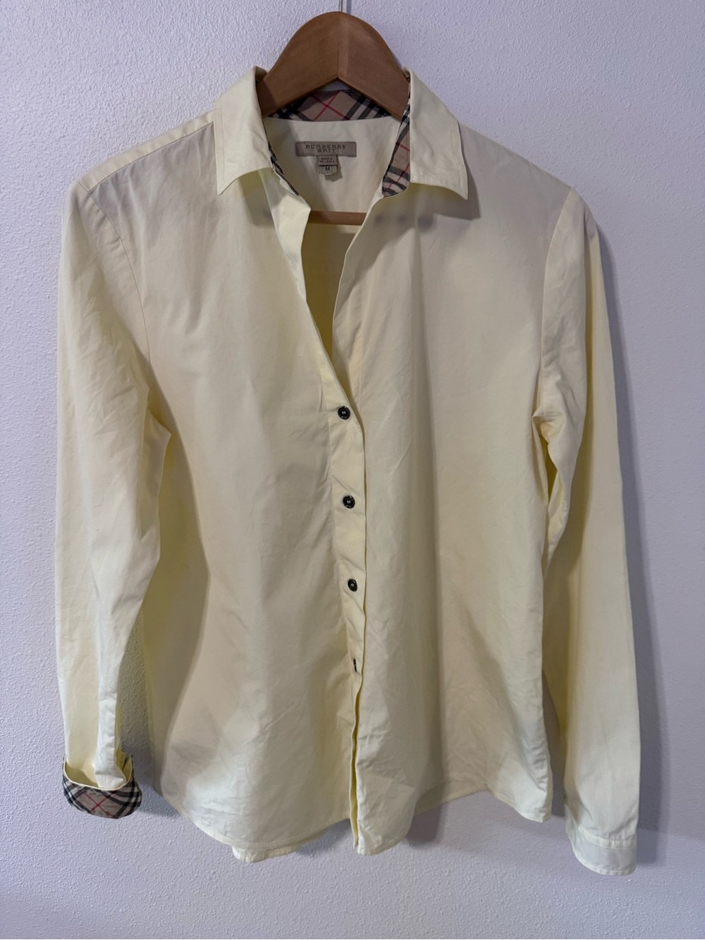 Burberry Brit Long Sleeve Button Up Shirt Pale Yellow Nova Check Flip Cuff-M